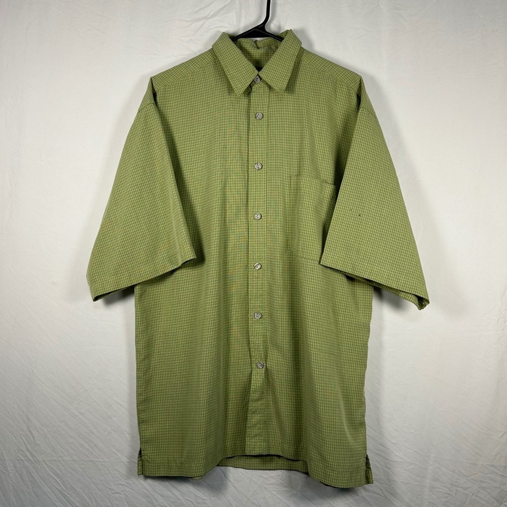Box Office Island Button Down Shirt Mens XL Green Micro Check Short Sleeve Rayon